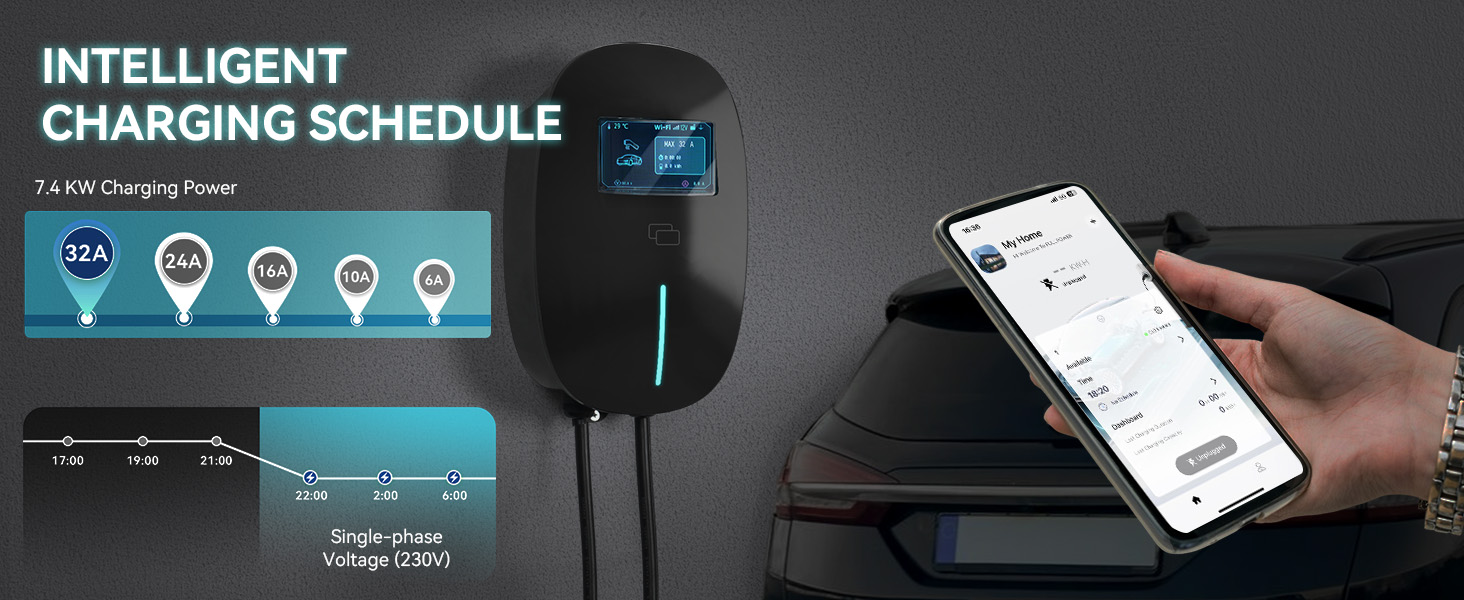Text reads "INTELLIGENT CHARGING SCHEDULE" with charging power indicator, device charger with cable shown below smartphone displaying app interface.