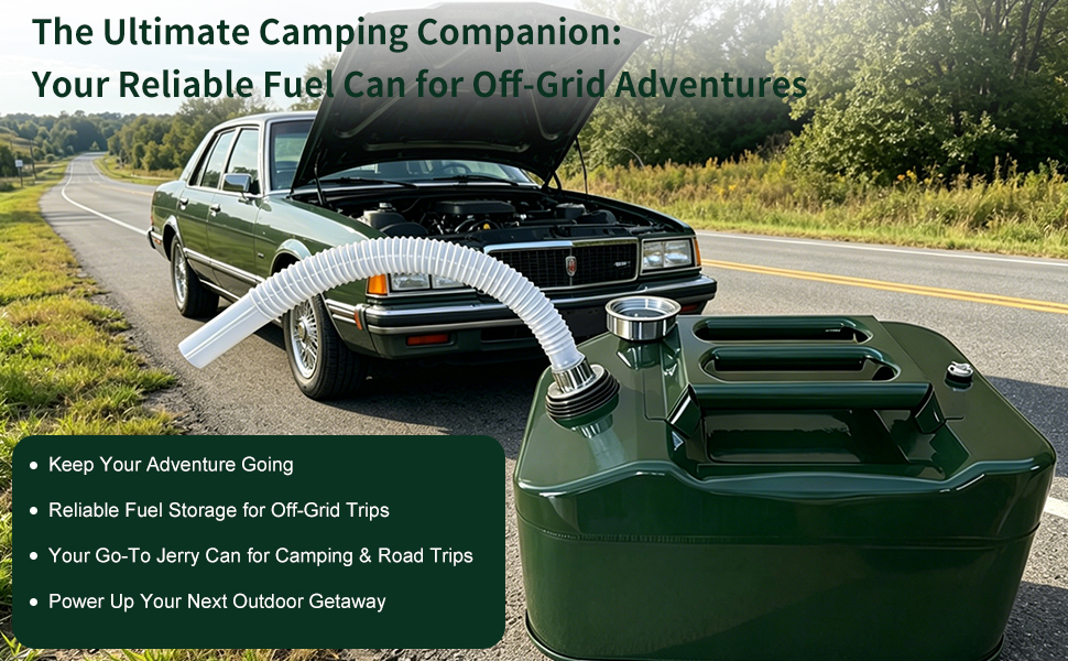 Text reads "The Ultimate Camping Companion" and "Your Reliable Fuel Can for Off-Grid Adventures". Green fuel can displayed on vehicle with camping gear. Bullet points list features including "Keep-Cool Advantage Design", "Heavy-Duty Steel Construction", "True 20-Liter Camping & Boat Tips", and "Power Up Your Next Outdoor Adventure".