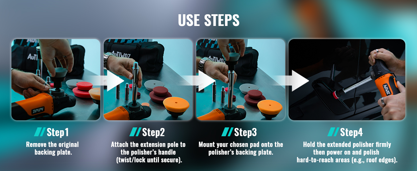Text reads 'USE STEPS'. Instructional sequence showing blue-tinted steps for using a product, with numbered steps and arrows indicating progression.