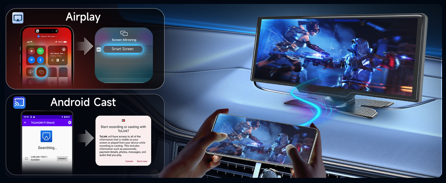Car dashboard display showing wireless Apple CarPlay and Android Auto interface with navigation and calling features visible.