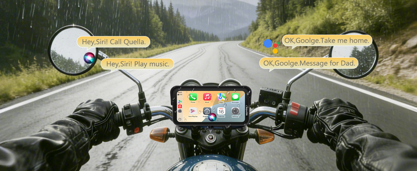 First-person view from motorcycle handlebars showing mounted phone with navigation display, mirrors on both sides, and open road ahead through countryside.