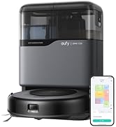 Series of images showing a black robotic vacuum cleaner with companion smartphone app interface, demonstrating smart home cleaning functionality.
