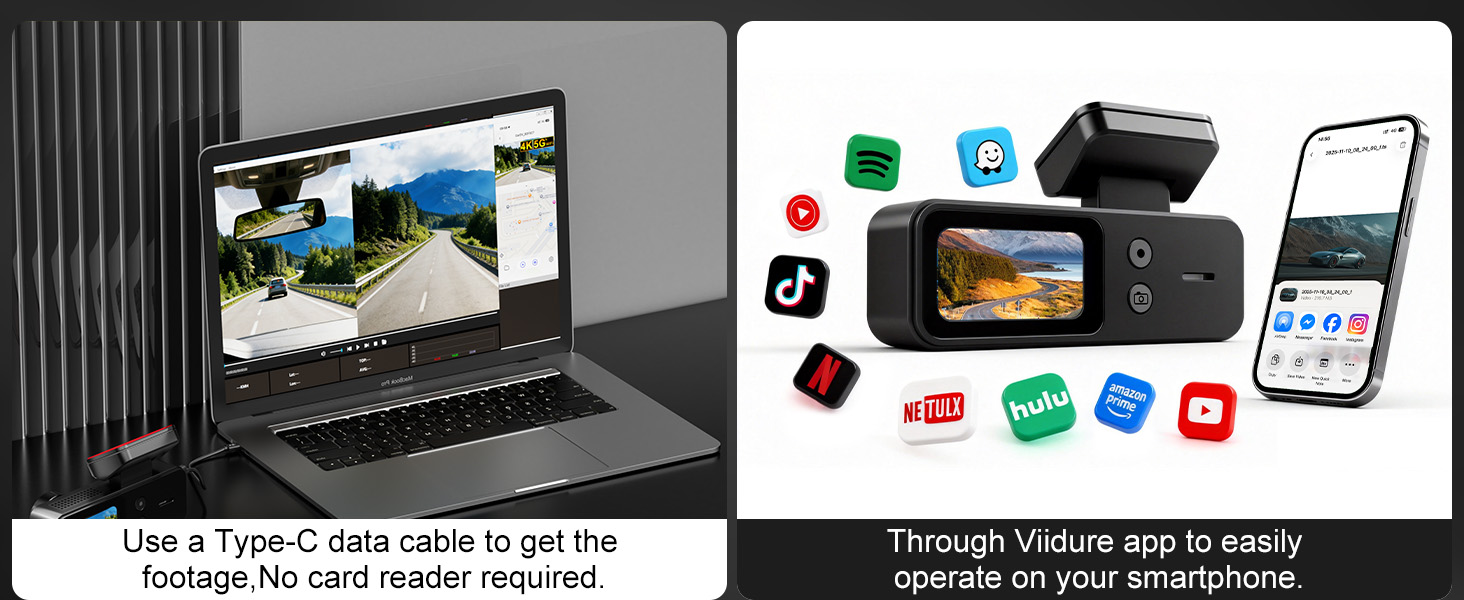 Text reads: 'Via a Type-C data cable to get the laptop to use faster transfers'. Composite image showing laptop connectivity with mobile devices and various app icons.