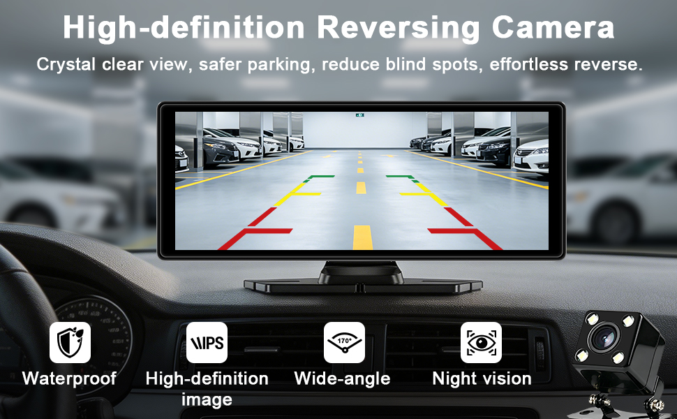 Text reads 'Wireless Carplay and Android Auto' with subtitle 'Seamless wireless connectivity, intelligent voice experience for safer driving.' Car dashboard display unit with 10.26-inch touchscreen showing colorful app icons, paired with smartphone showing Apple Maps and Google Maps icons below.