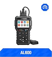 Automotive diagnostic scanner device with LCD screen, control buttons, OBD connector cable, and red/black battery clamps. Model AL500B shown.