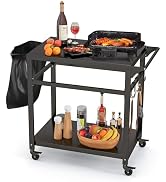 Portable folding table with black top and mesh storage, displayed with various food items. Includes carrying bag and folded frame, suitable for outdoor dining or events.