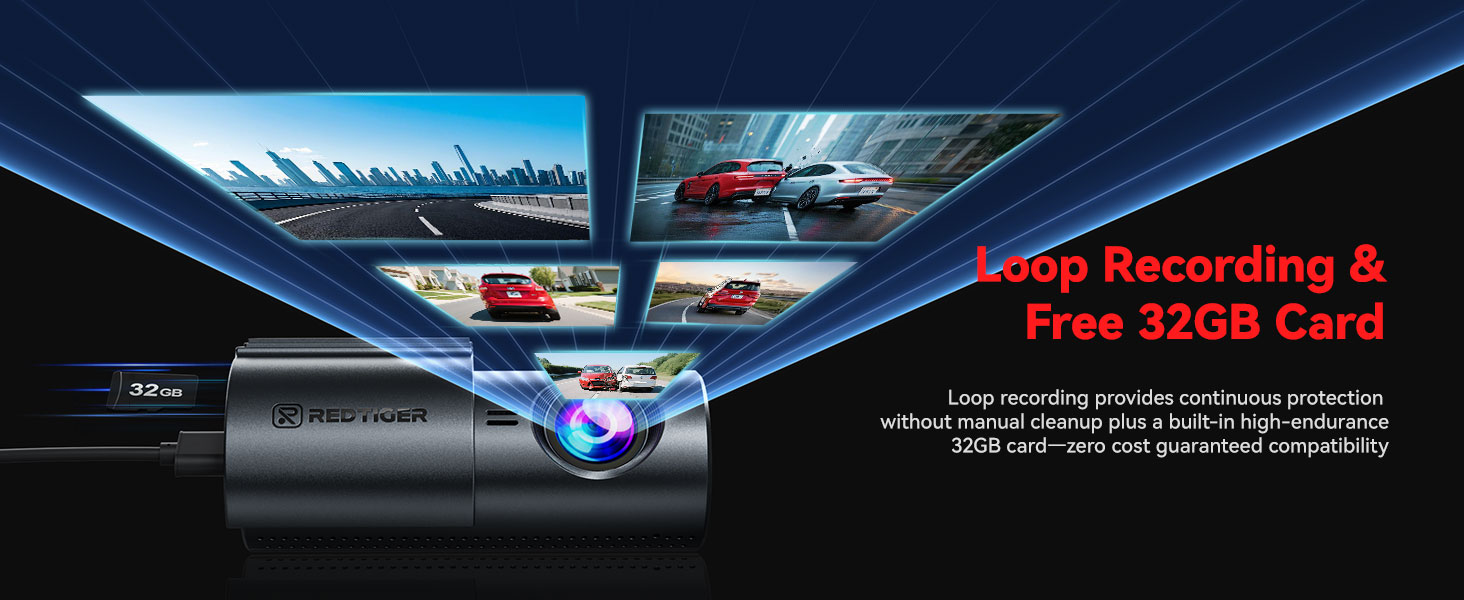 Text reads 'Loop Recording & Free 32GB Card'. Dashboard camera or car tech device shown with blue illuminated display screens in driving context.