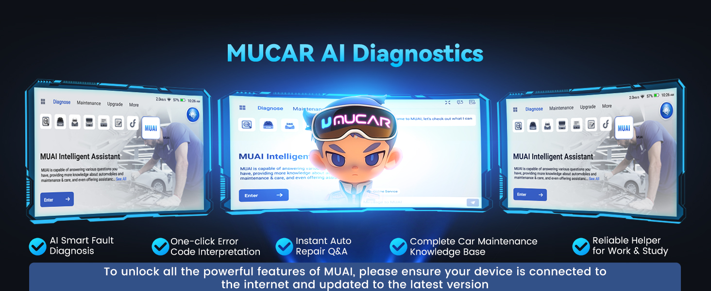 Text reads 'MUCAR AI Diagnostics'. Three blue diagnostic device panels showing interface screens with icons and text displaying automotive diagnostic functions and features.