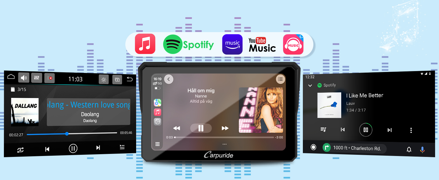 Screenshot of mobile media player interfaces showing audio controls, progress bars, and streaming app icons including Spotify and YouTube.