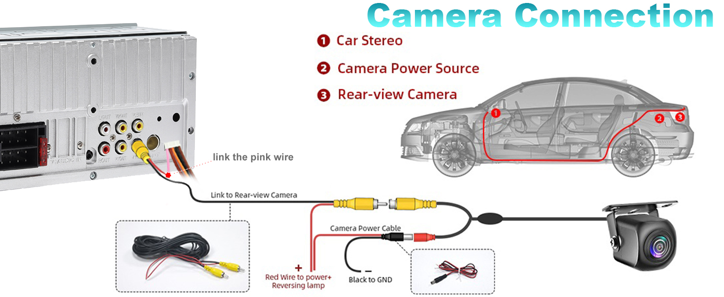Text reads: 'Camera Connection'. Diagram showing car backup camera installation with RCA cables, power connections, and camera placement illustration.
