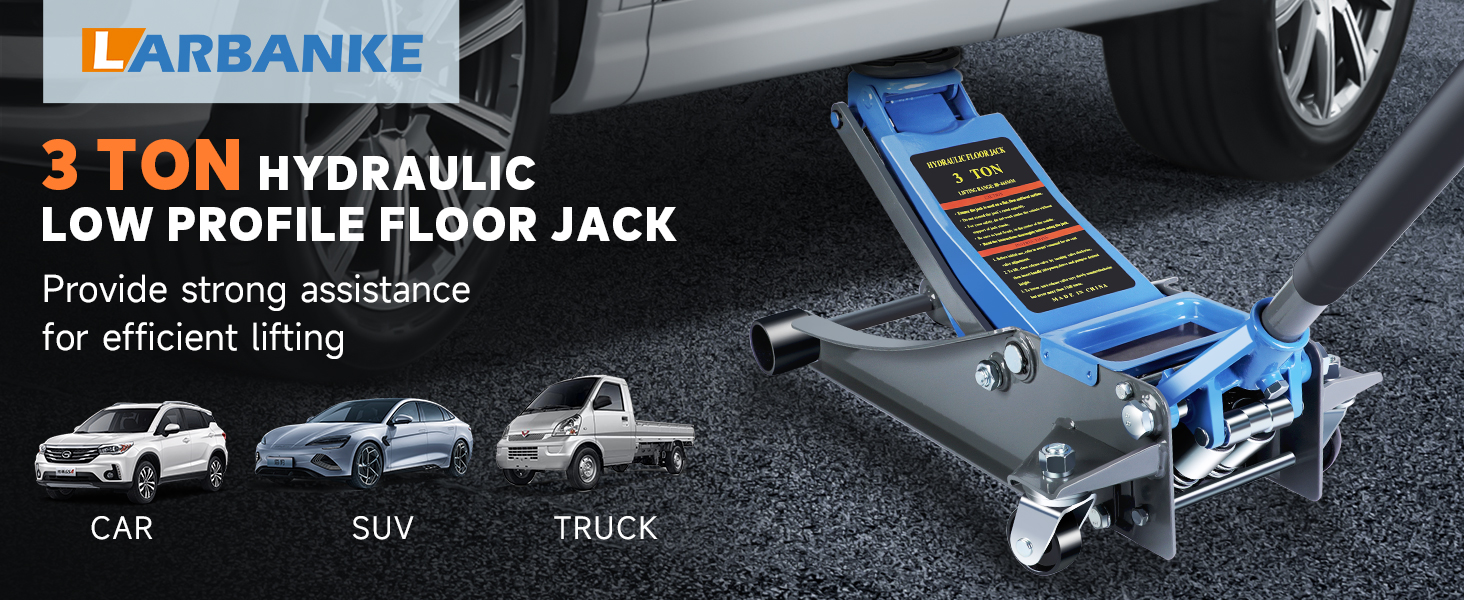 Carbanke 3-ton hydraulic low profile floor jack shown in blue, designed for cars, SUVs and trucks. Features efficient lifting capability and compact design.