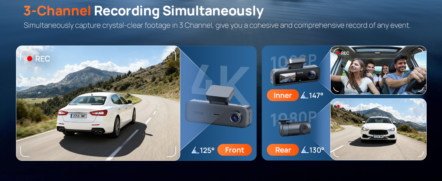 Text reads 'Image 3' and '3 Channel Recording Simultaneously'. Interface screenshots showing vehicle camera recording system with multiple viewing angles.