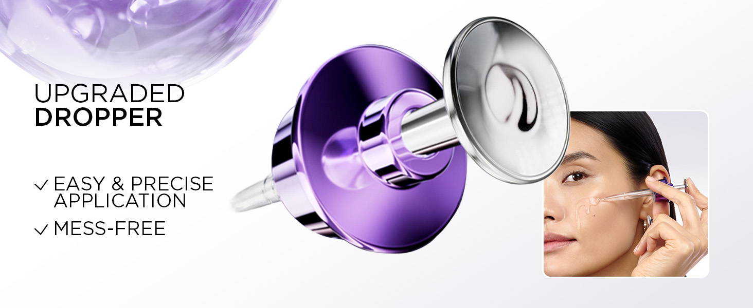 Text reads 'UPGRADED DROPPER', 'EASY & PRECISE APPLICATION', 'MESS-FREE'. Purple spherical beauty device with dropper applicator shown being used on face, demonstrating precision skincare application.