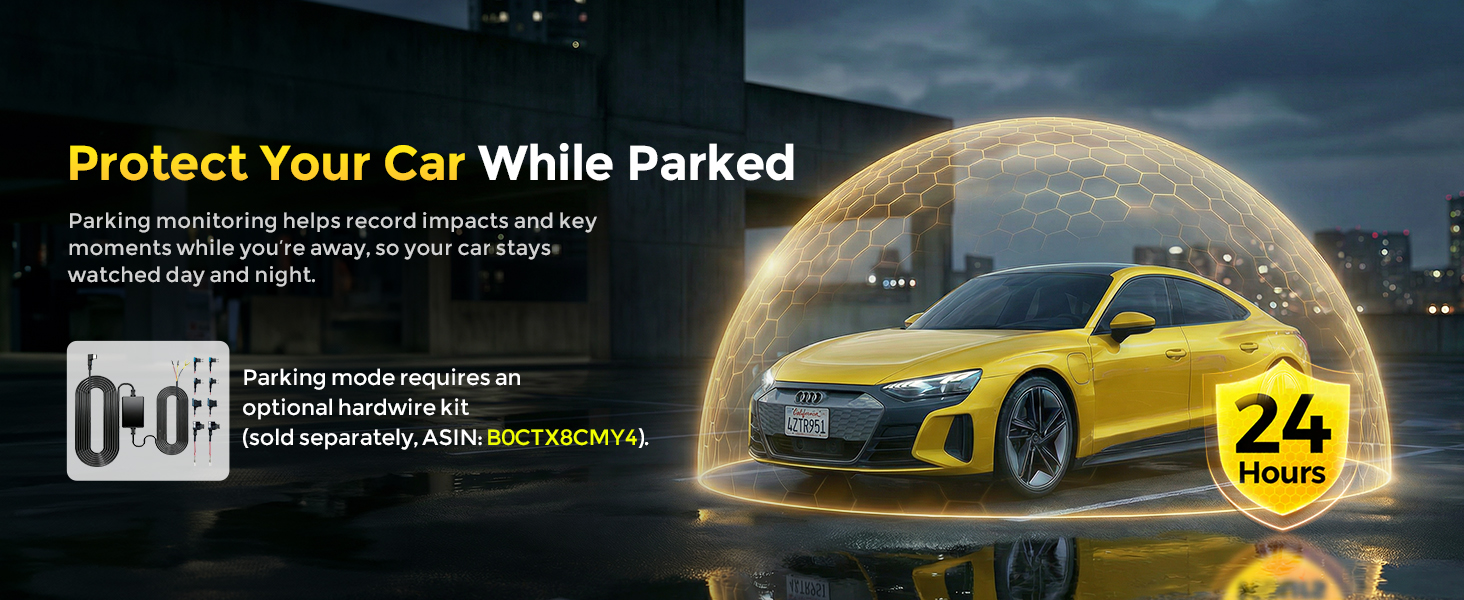 Text reads 'Protect Your Car While Parked', '24hr monitoring', parking mode specifications. Yellow sports car under protective dome cover against stormy sky background.