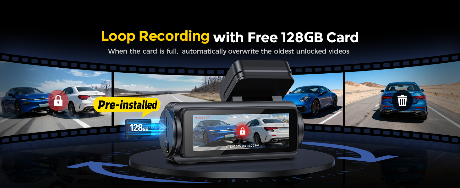 Text reads 'Loop Recording with Free 128GB Card.' Dashboard camera system displayed mounted on vehicle windshield with multiple display screens showing video recording capabilities and 128GB storage card included.
