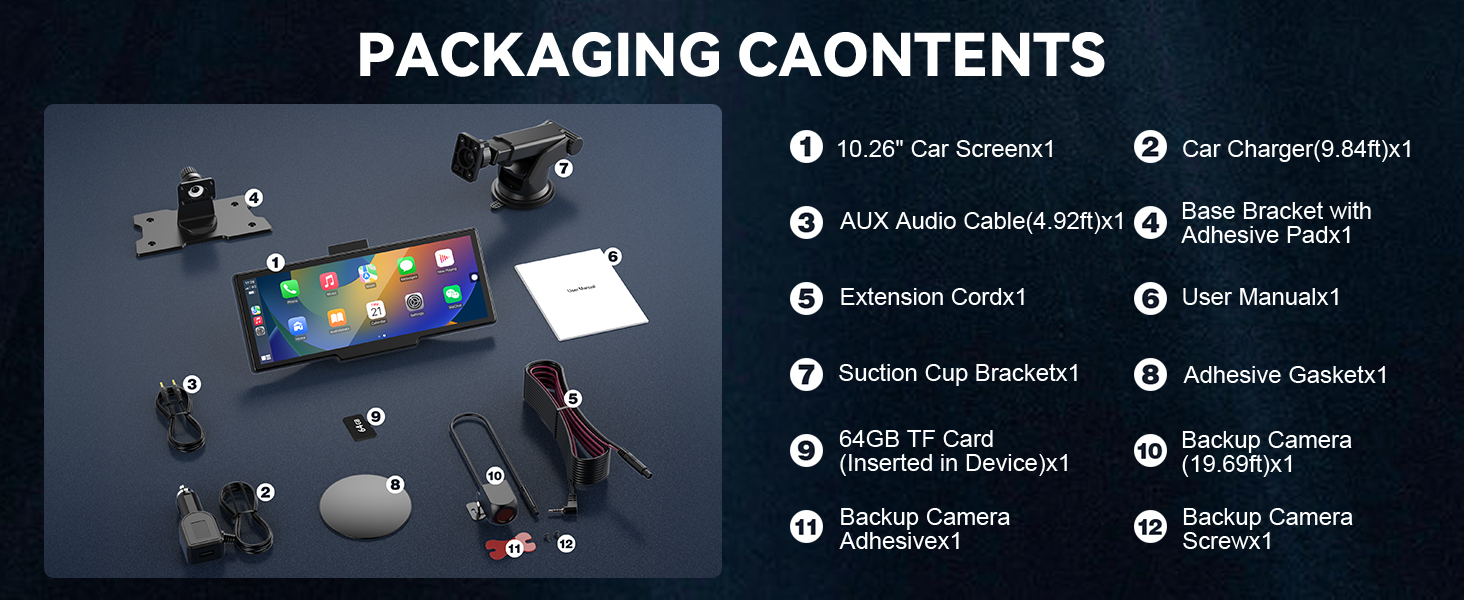 Text reads 'PACKAGING CAONTENTS'. Series of product icons and packaging contents indicators shown in white against dark background.