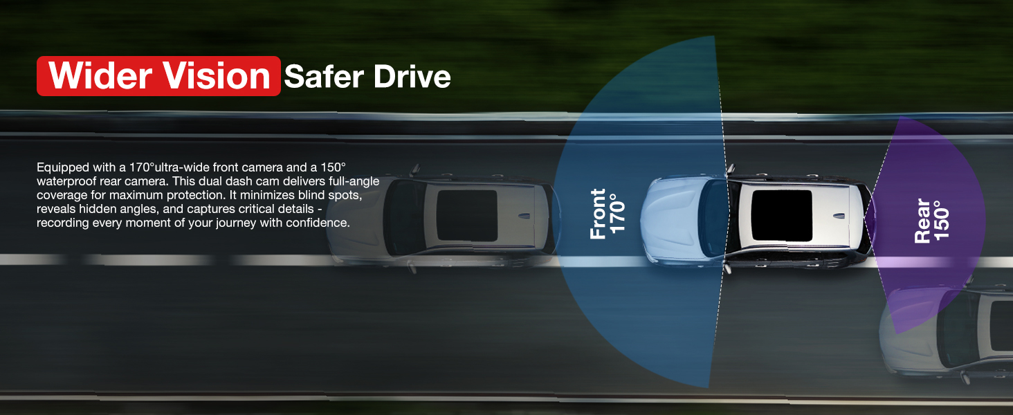 Text reads 'Wider Vision Safer Drive'. Technical diagram showing vehicle safety and visibility features with highlighted zones around a car illustration.