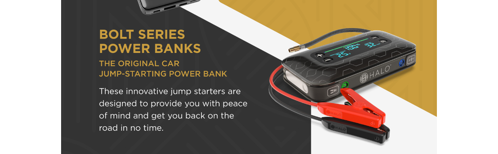 Text reads 'POWER SOLUTIONS TO KEEP YOU ON THE MOVE'. Marketing image showing portable power device with informational text overlay.