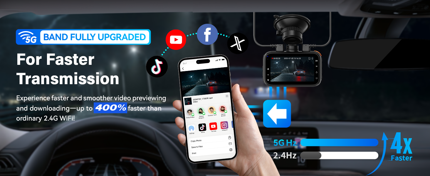 Interface display showing mobile device connectivity options with transmission settings and social media icons on a dark dashboard background.