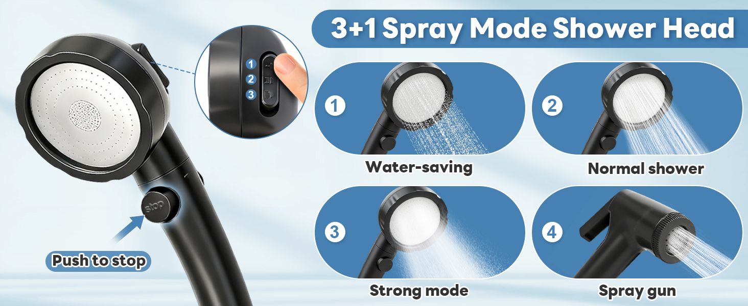 Text reads: 'G4 Spray mode shower head' with technical diagrams showing various spray patterns and mode settings of a shower head component.