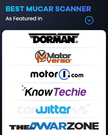 Best MUCAR Scanner advertisement featuring logos of automotive and tech companies including Dorman, Motor Verso, motor1.com, KnowTechie, and The Warzone.