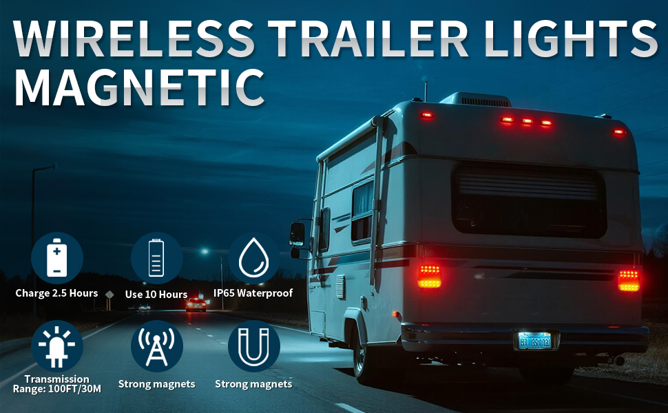 Text reads 'WIRELESS TRAILER LIGHTS' and 'MAGNETIC'. Marketing image showing trailer lights at night with icons indicating wireless, waterproof, and battery features.
