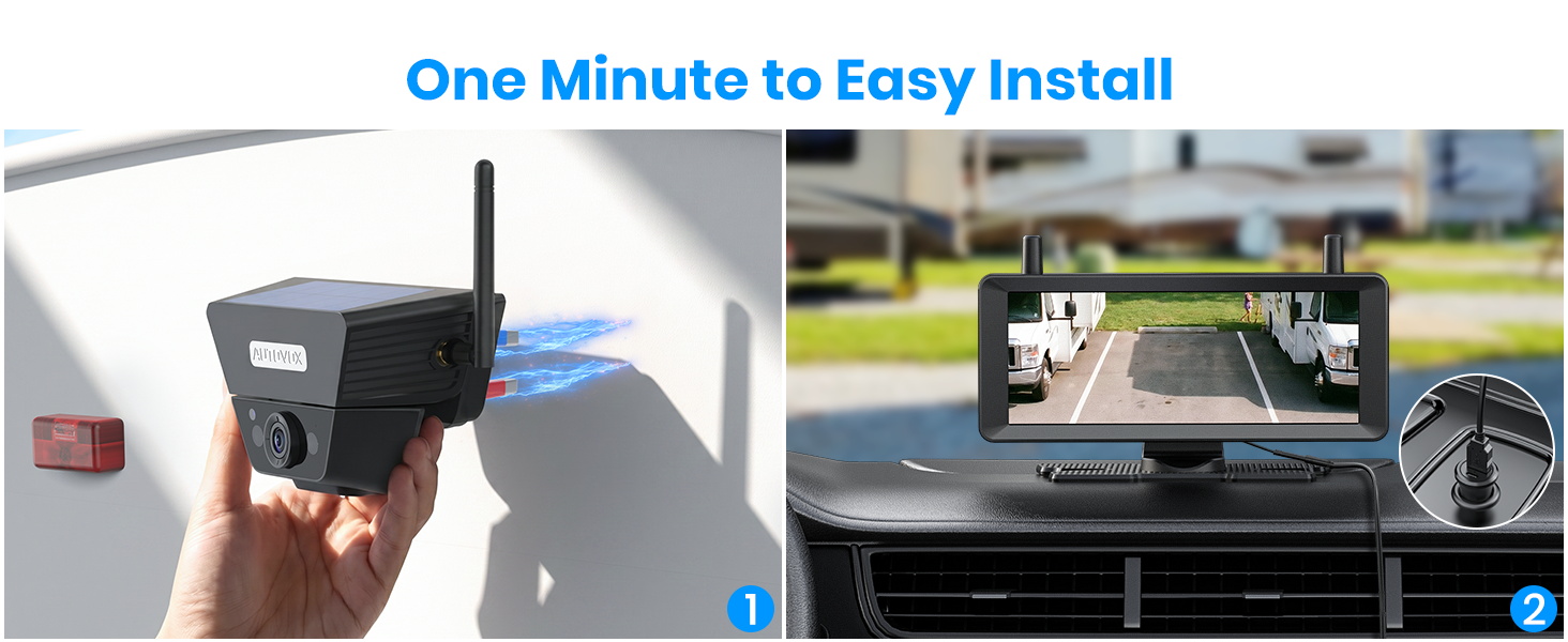 Text reads 'One Minute to Easy Install'. Hand holding black device with blue accents shown next to car dashboard, demonstrating quick installation process outdoors.