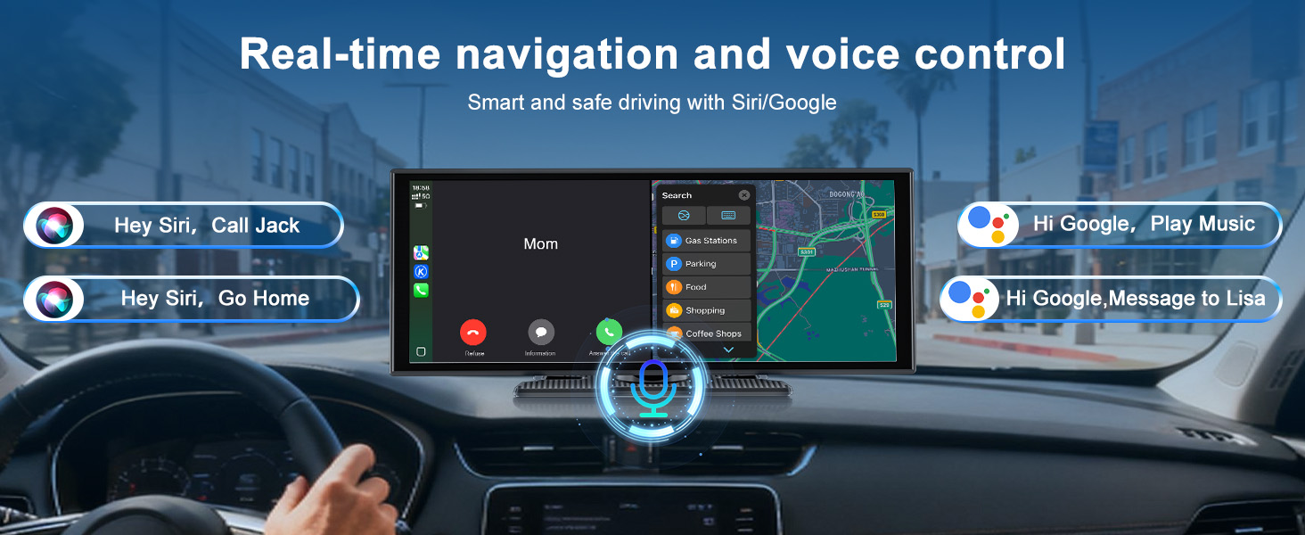 Text reads 'Real-time navigation and voice control'. Series of dashboard interface screens showing navigation and voice control features in vehicle.