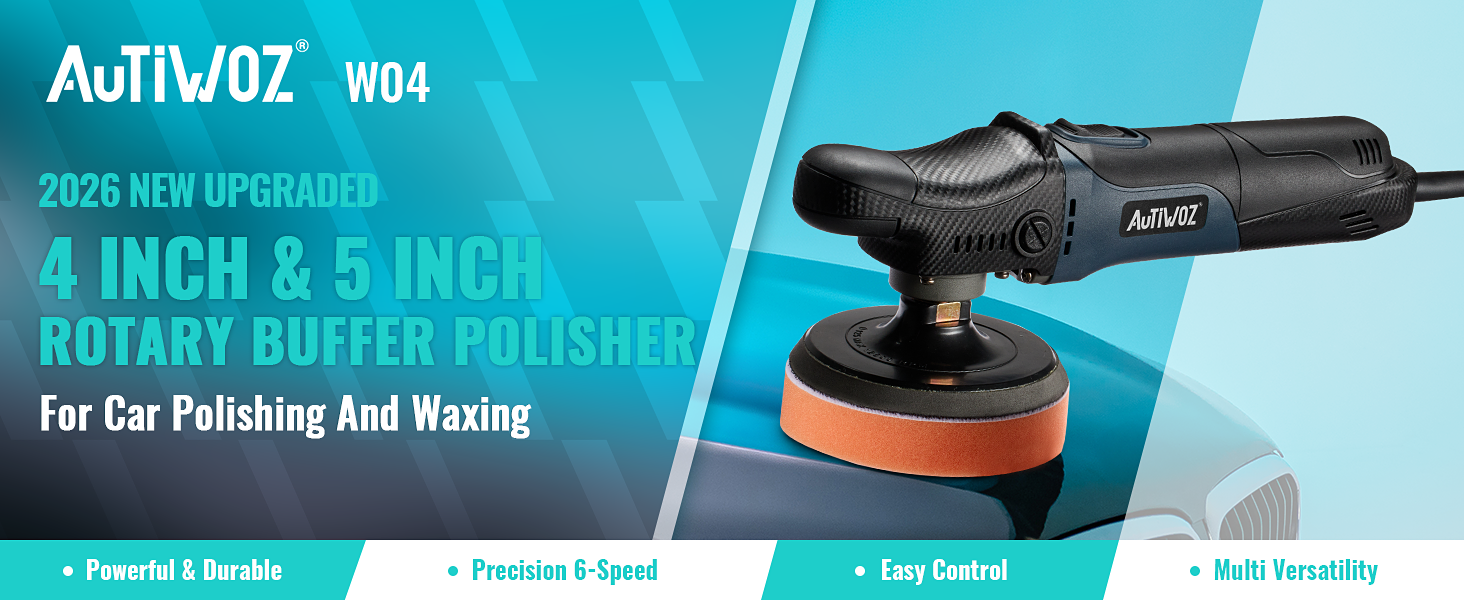 Text reads 'AOIIW02 W04', '2025 NEW UPGRADED ROTARY BUFFER POLISHER', '4 INCH & 5 INCH For Car Polishing And Waxing', 'Powerful & Durable', 'Precision 6 Speed', 'Easy Control', 'High Versatility'. Black and orange car polishing tool.