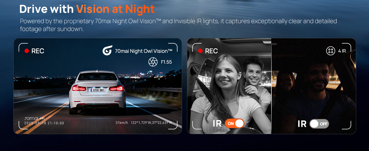 Text reads 'Drive with Vision in mind'. Series of dashboard view screenshots showing vehicle interface and navigation displays.