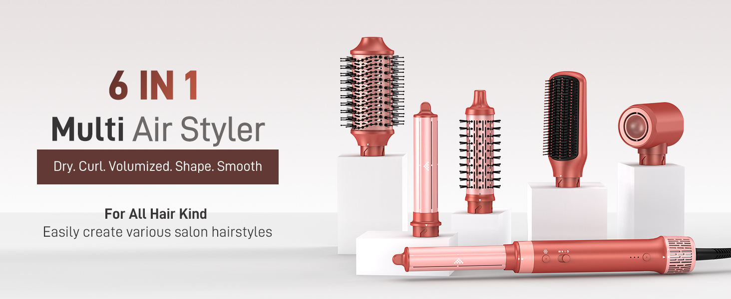 Text reads '6 IN 1 Multi Air Styler' and 'For All Hair Kind'. Red and pink multi-function hair styling tool set with multiple barrel attachments displayed horizontally.
