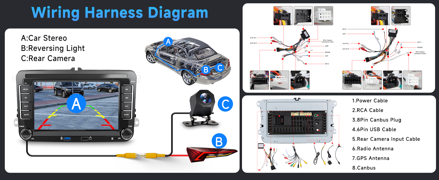 Text reads 'Wiring Harness Diagram'. Detailed technical diagram showing automotive wiring connections for backup camera system with labeled components and color-coded wires.