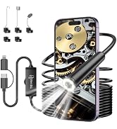 Endoscope camera with LED light, flexible cable, and smartphone adapter. Includes multiple attachment options and USB connectors. Device shown connected to a smartphone displaying water image.