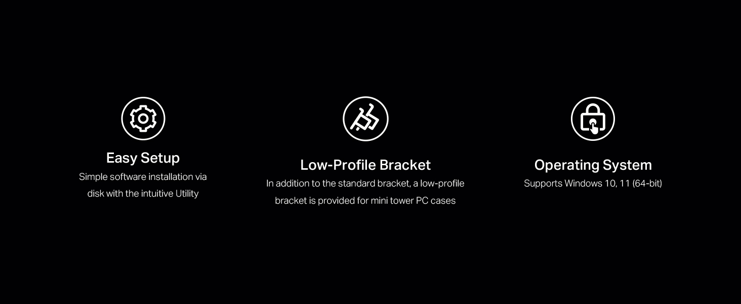 Three black circular icons showing features of a tech product, displayed on a dark background with white text labels underneath each icon.