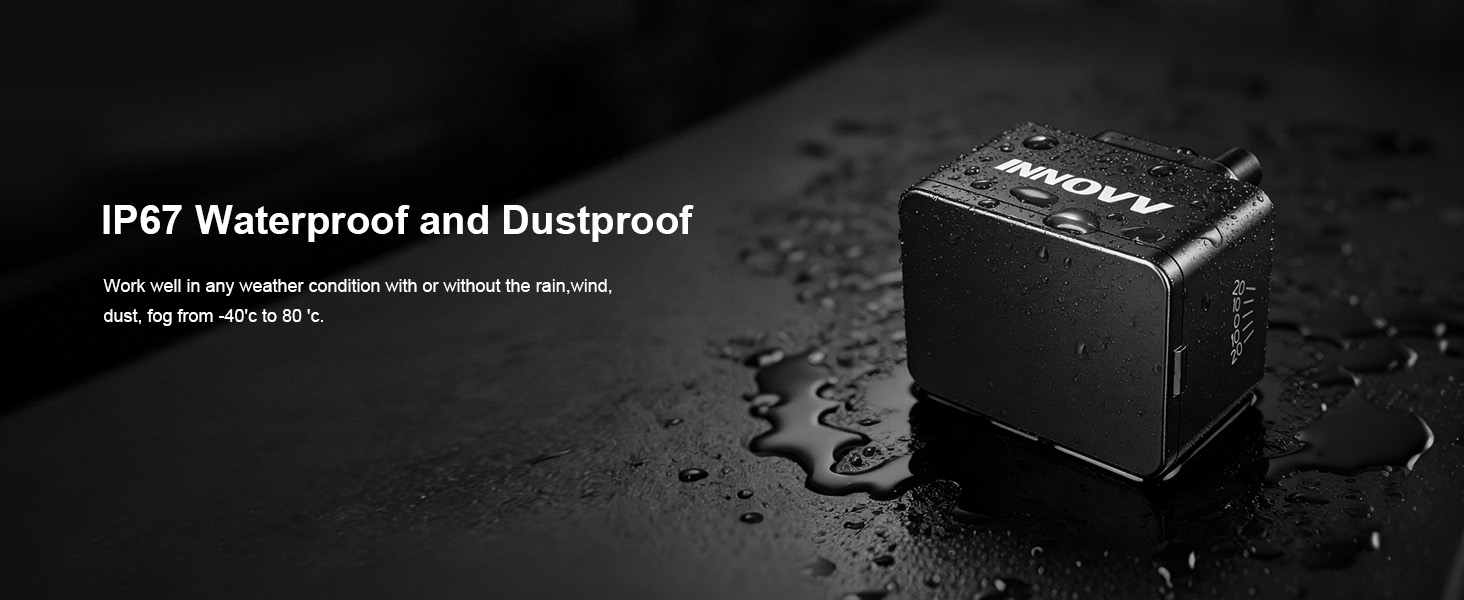 Text reads 'IP67 Waterproof and Dustproof'. Dark promotional image showing water droplets or splash effects against black background.