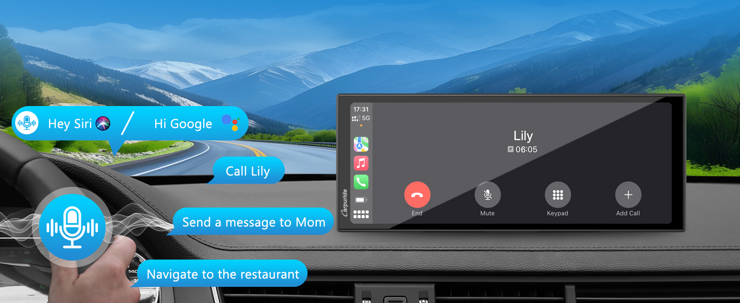 Car dashboard display showing navigation and voice assistant interface. Screen displays call options, messaging, and navigation features against a scenic mountain background.