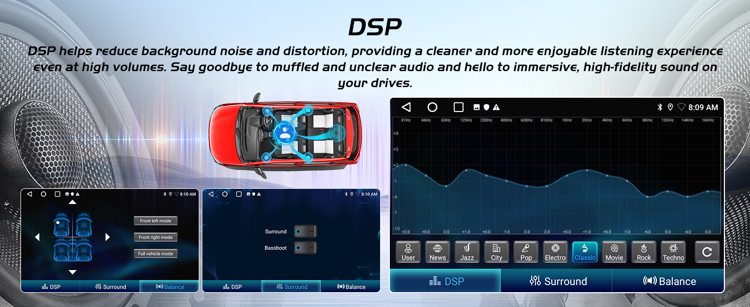 Text includes 'DSP'. Series of digital interface screens showing audio processing controls and settings with blue illuminated displays and various parameter adjustments.