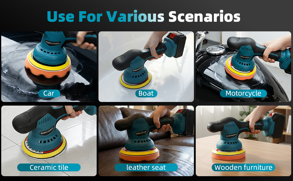 Text reads 'NOCORD', 'HASSLE', 'In anytime, anywhere'. Series of images showing power tool polishing or buffing operations on various surfaces.