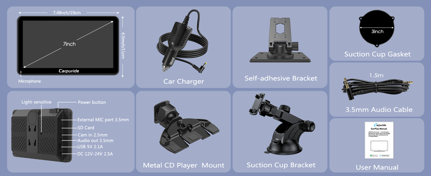 Product display grid showing: LCD monitor, car charger, tripod phone holder, battery pack, camera bag, telephoto lens, gimbal stabilizer, and instruction manual on blue background.