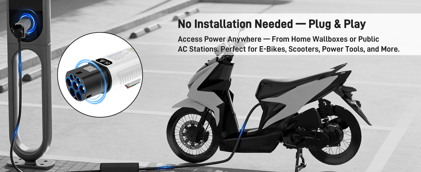 Text reads 'No Installation Needed - Plug & Play'. Diagram showing electric motorcycle charging station with close-up of connector and motorcycle illustration.