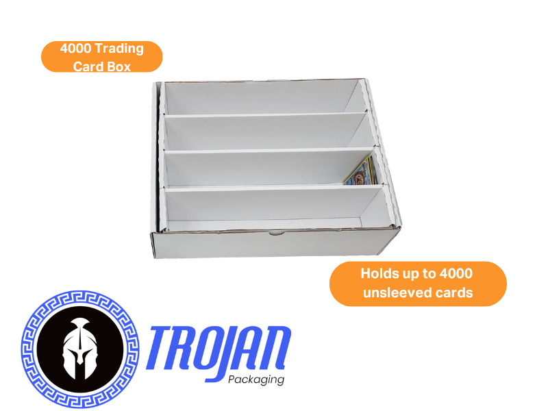 Text reads 'Holds up to 4000 promotional cards' and 'TROJAN Packaging' logo visible. Silver metal compartmentalized storage box with multiple rectangular divided sections and hinged lid for organizing and storing trading cards.