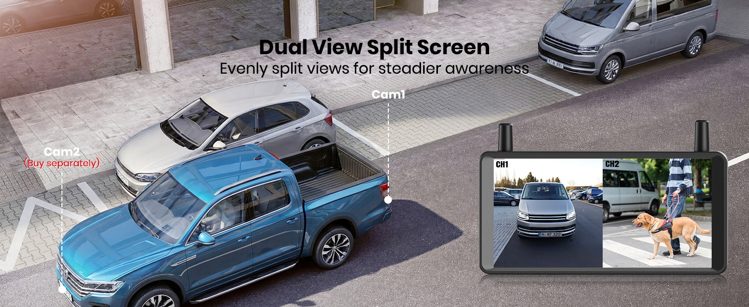 Text reads 'Dual View Split Screen'. Multiple views of blue pickup truck shown from different angles in parking scenario.