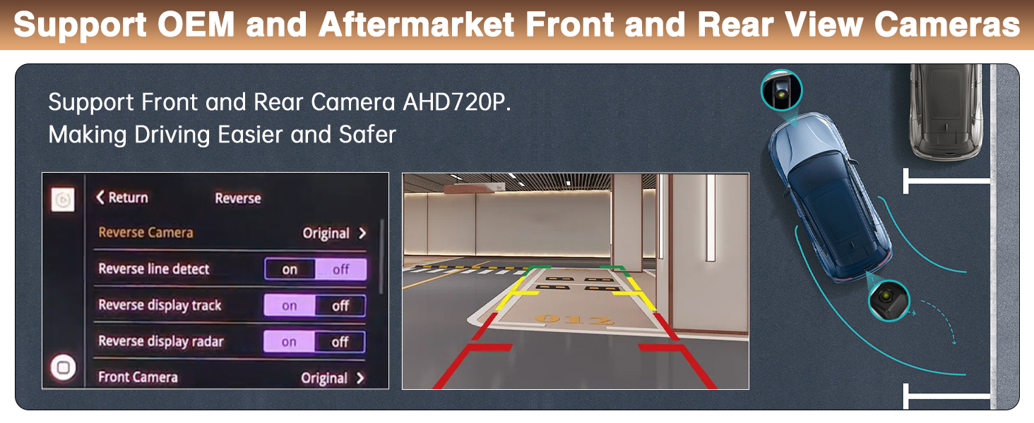 Vehicle safety system interface displays showing front and rear camera views with navigation elements and driving assistance features.