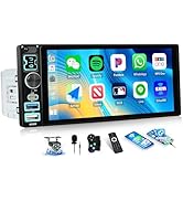 Car multimedia system with large touchscreen displaying smartphone app icons. Includes remote control, microphone, backup camera, and wireless phone charging indication.