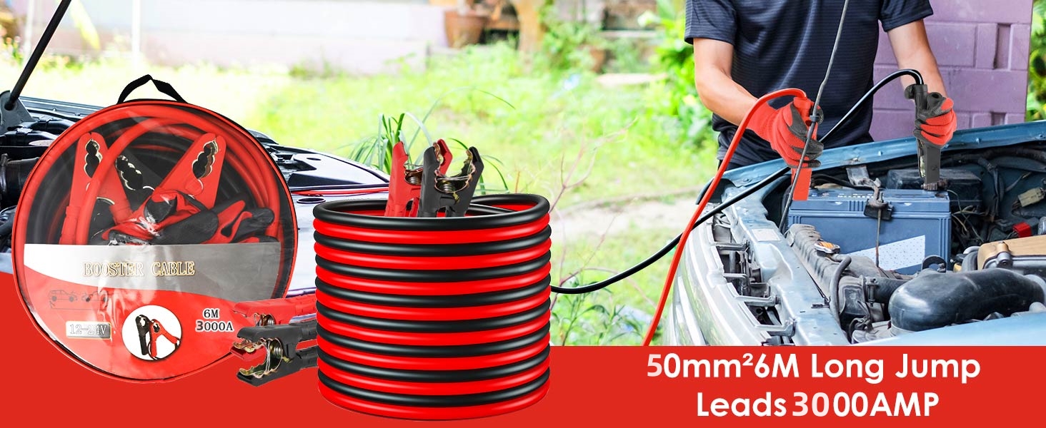 Heavy-duty jumper cables with 50mm thickness and 6M length, rated for 3000AMP. Red and black cables shown coiled with clamps visible.