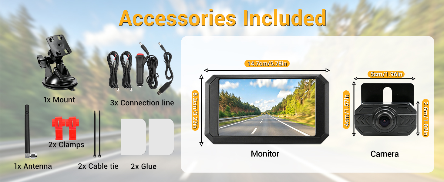 Text reads "Accessories Included". Composite image showing dashcam kit components: 1x Suction Cup Mount, 2x Cable Set, 1x Car Charger, Monitor display unit, and Camera unit labeled on separate product shots.