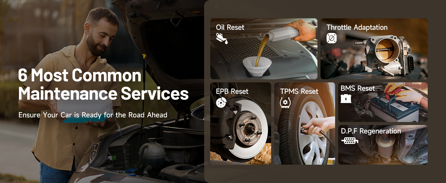 Infographic showing '6 Most Common Maintenance Services' with icons for oil change, tire rotation, and other car maintenance tasks.
