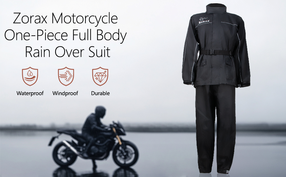 Black motorcycle rain suit by 'Zorax' featuring full-body waterproof and windproof coverage. One-piece design with belted waist, displayed next to motorcyclist silhouette.