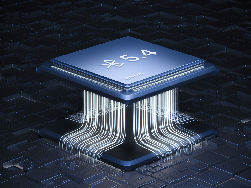 Stylized computer chip visualization showing a central processor with emanating connection lines against dark textured background.