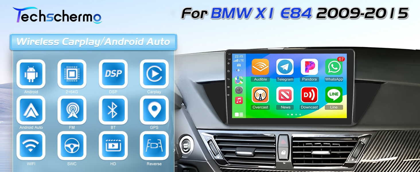 Text reads 'For BMW X1 E84 2009-2015'. Car dashboard interface display showing navigation and entertainment system icons in blue and white layout.